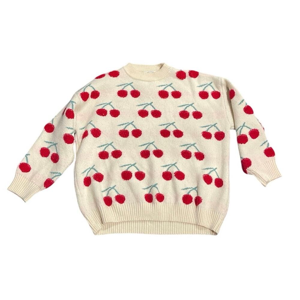 Cider Crewneck Pullover Cherry Chunky Knit Sweater Whimsical Cottagecore Cozy